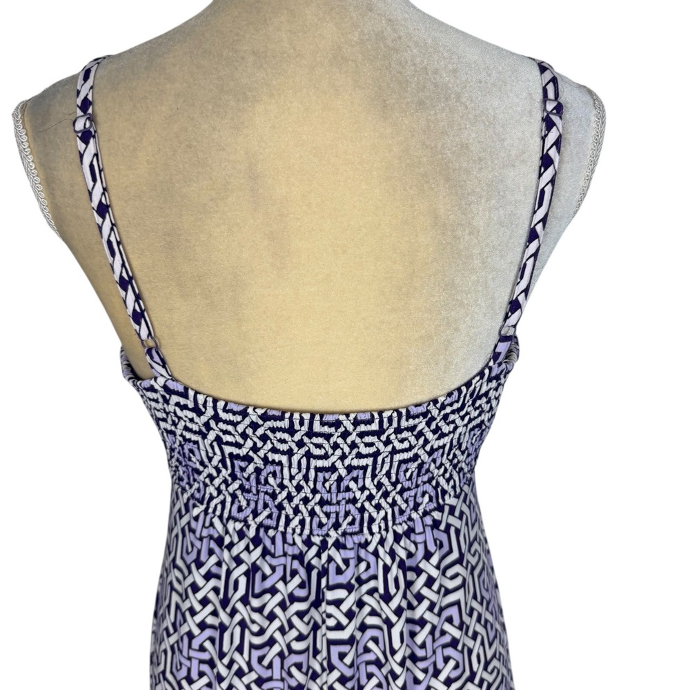 New York & Company Purple Greek Key Geometric Smocked Maxi Dress V Neck Medium - Picture 5 of 10